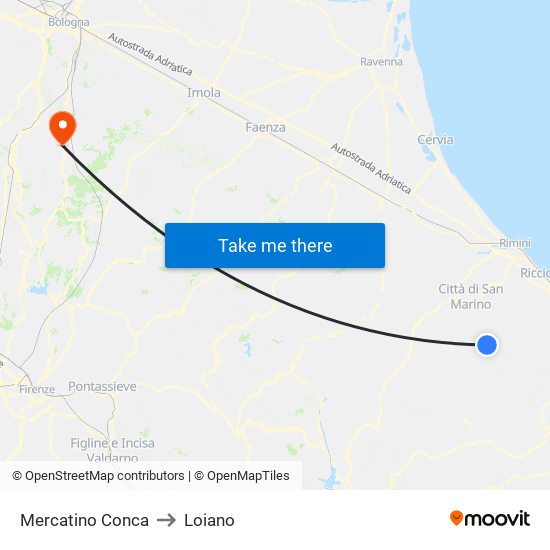 Mercatino Conca to Loiano map