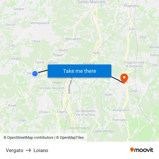 Vergato to Loiano map
