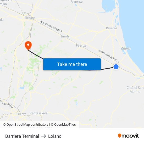 Barriera Terminal to Loiano map