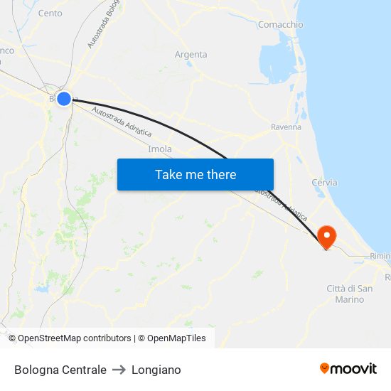 Bologna Centrale to Longiano map