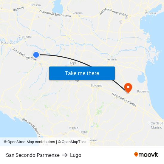 San Secondo Parmense to Lugo map