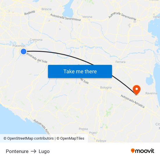 Pontenure to Lugo map