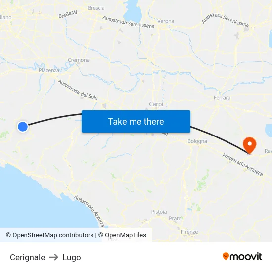 Cerignale to Lugo map