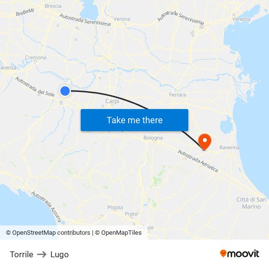 Torrile to Lugo map