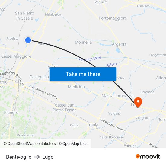 Bentivoglio to Lugo map