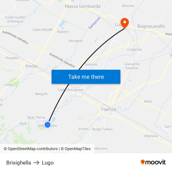 Brisighella to Lugo map