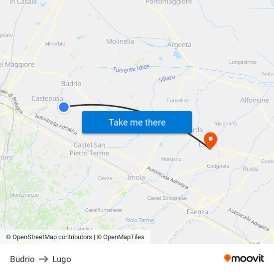 Budrio to Lugo map