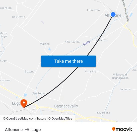 Alfonsine to Lugo map