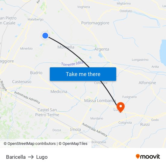 Baricella to Lugo map