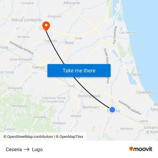 Cesena to Lugo map