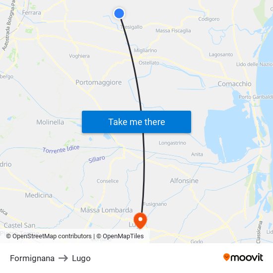 Formignana to Lugo map