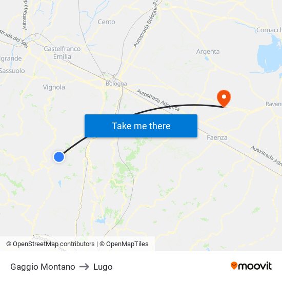 Gaggio Montano to Lugo map