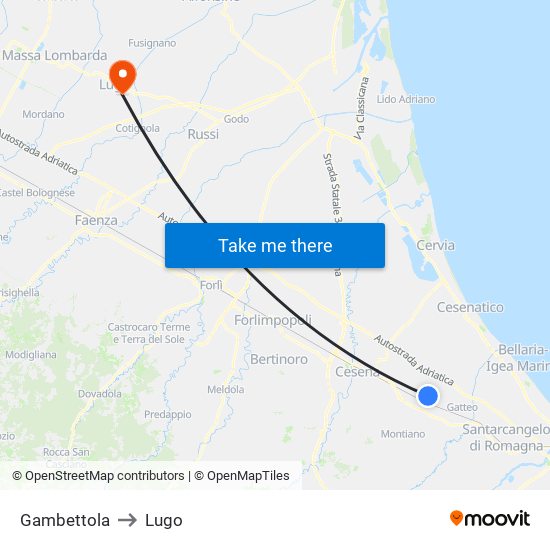 Gambettola to Lugo map