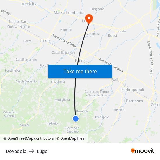 Dovadola to Lugo map