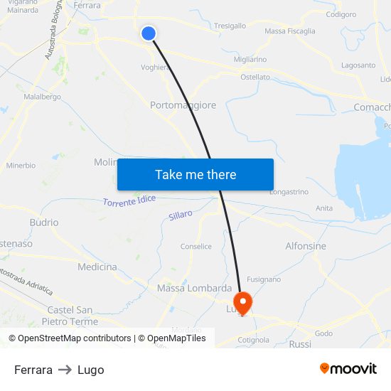 Ferrara to Lugo map