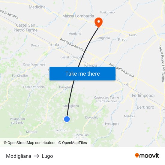 Modigliana to Lugo map