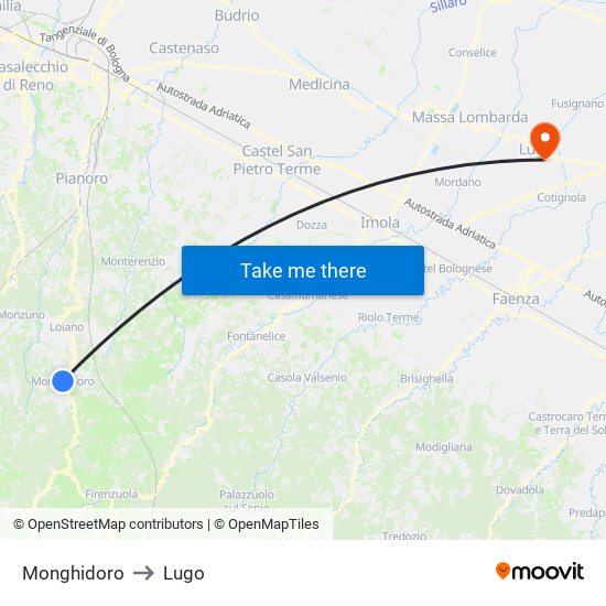 Monghidoro to Lugo map