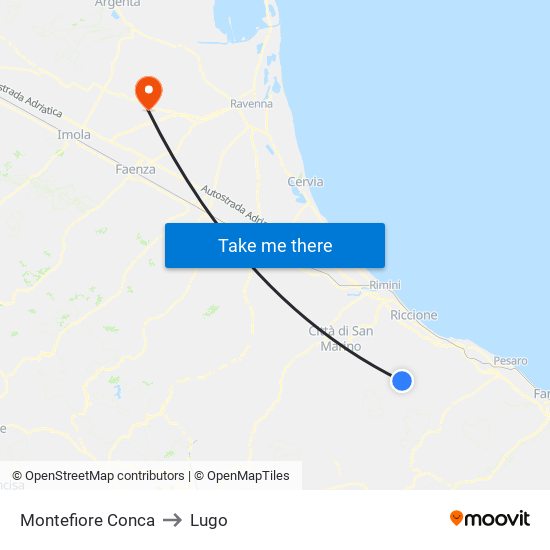 Montefiore Conca to Lugo map