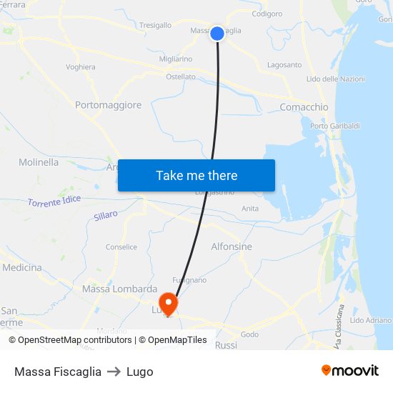 Massa Fiscaglia to Lugo map