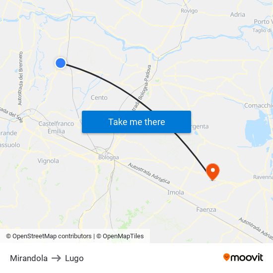 Mirandola to Lugo map
