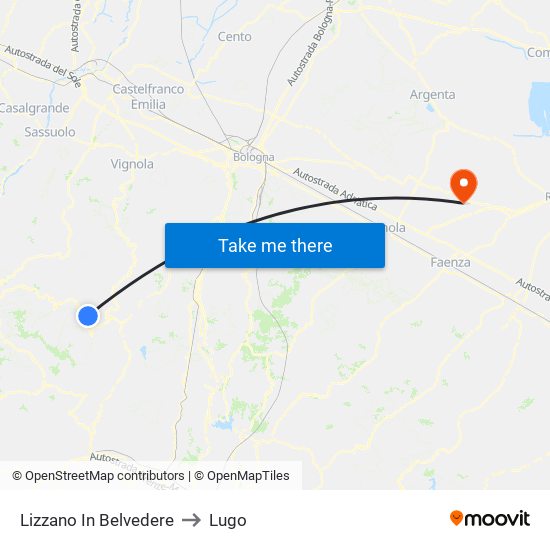 Lizzano In Belvedere to Lugo map