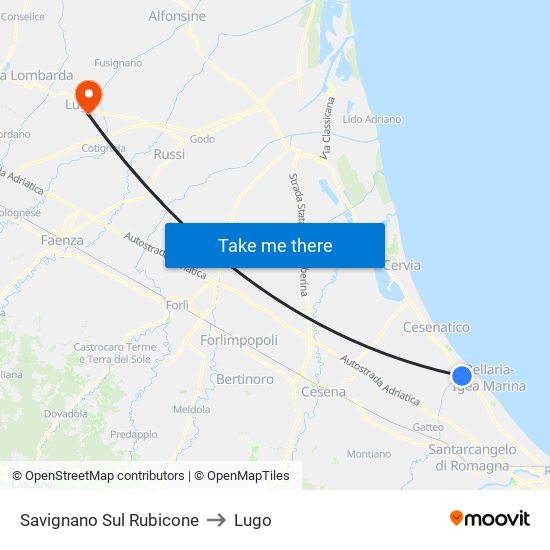 Savignano Sul Rubicone to Lugo map