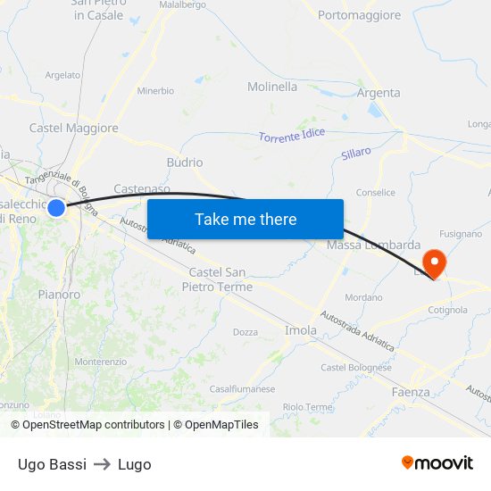 Ugo Bassi to Lugo map