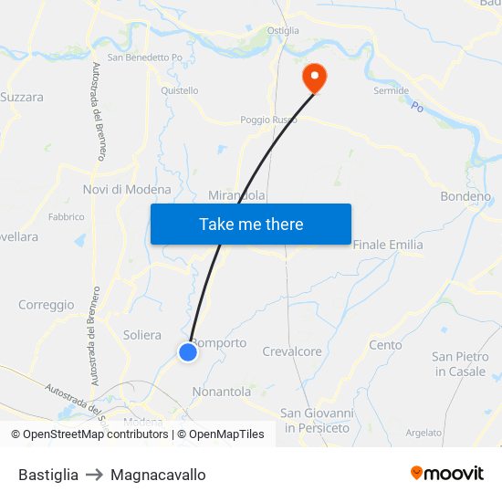 Bastiglia to Magnacavallo map
