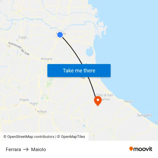 Ferrara to Maiolo map