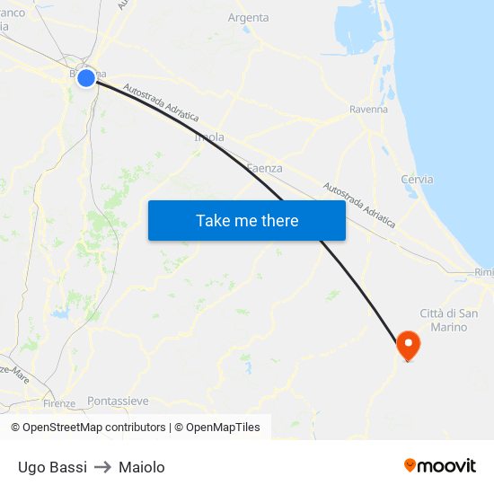Ugo Bassi to Maiolo map