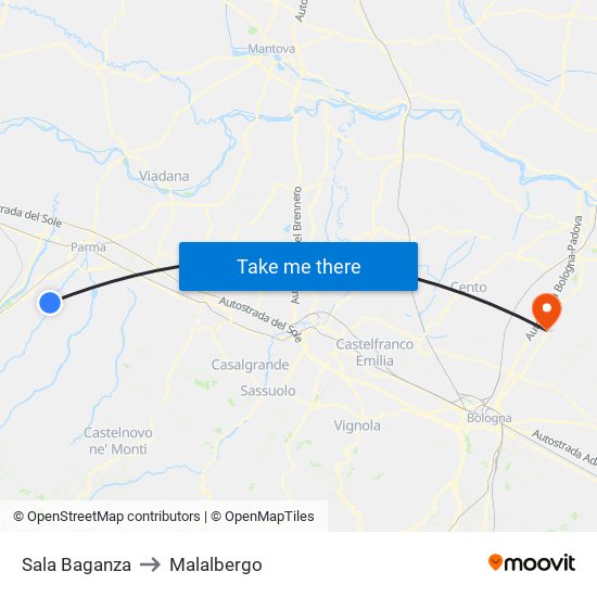 Sala Baganza to Malalbergo map