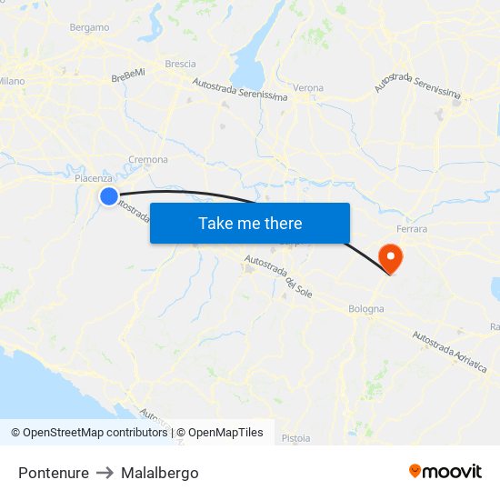Pontenure to Malalbergo map