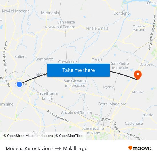 Modena  Autostazione to Malalbergo map