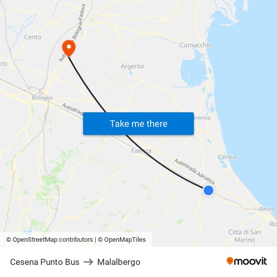 Cesena Punto Bus to Malalbergo map
