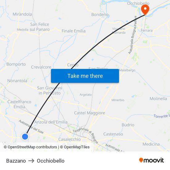 Bazzano to Occhiobello map