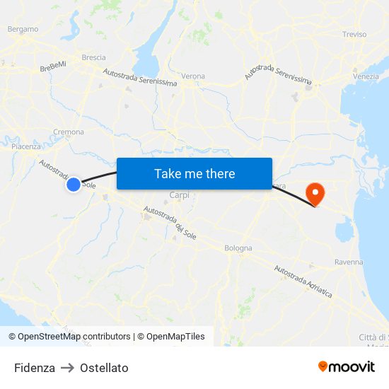 Fidenza to Ostellato map