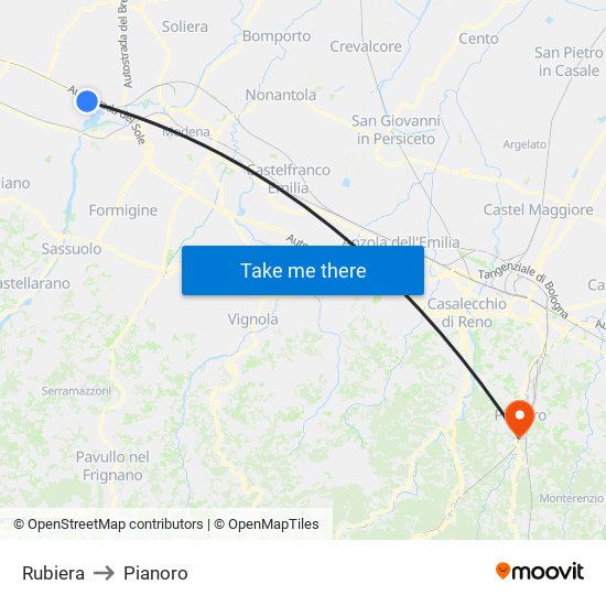 Rubiera to Pianoro map