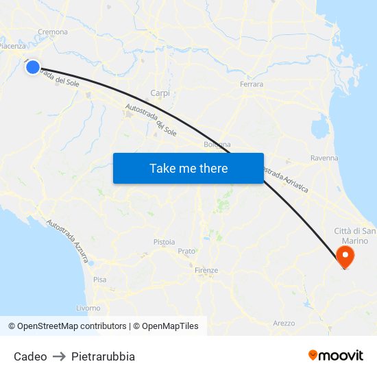 Cadeo to Pietrarubbia map