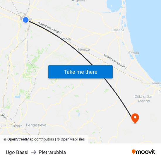 Ugo Bassi to Pietrarubbia map