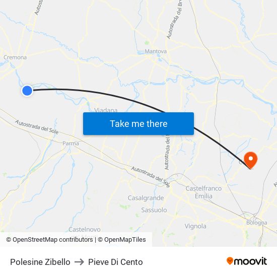 Polesine Zibello to Pieve Di Cento map