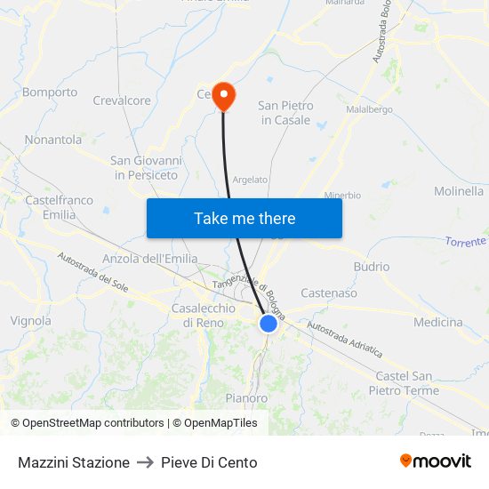 Mazzini Stazione to Pieve Di Cento map