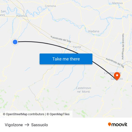 Vigolzone to Sassuolo map