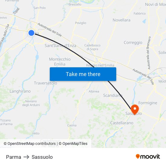 Parma to Sassuolo map