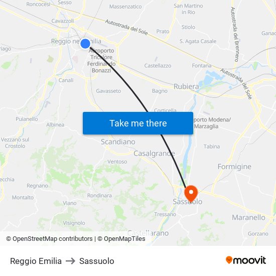 Reggio Emilia to Sassuolo map