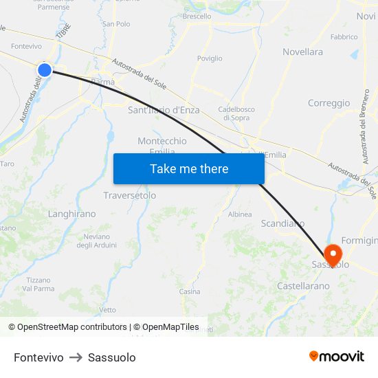 Fontevivo to Sassuolo map