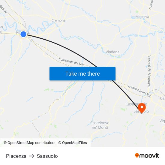 Piacenza to Sassuolo map