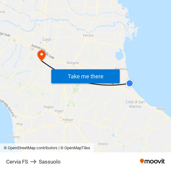 Cervia FS to Sassuolo map