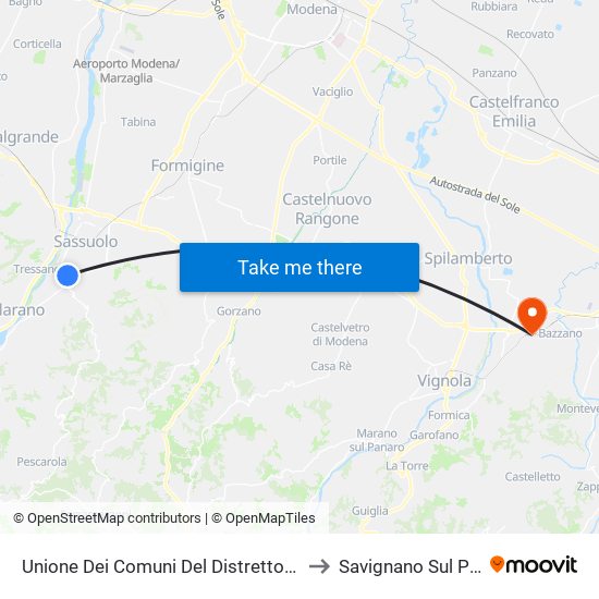 Unione Dei Comuni Del Distretto Ceramico to Savignano Sul Panaro map