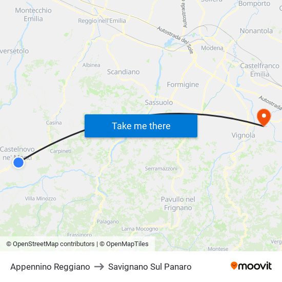 Appennino Reggiano to Savignano Sul Panaro map