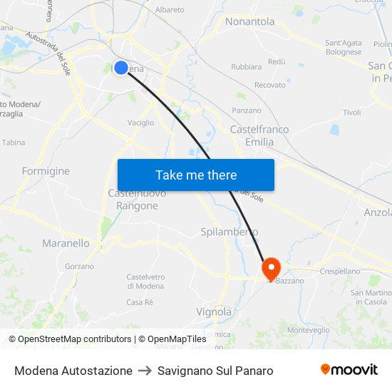 Modena  Autostazione to Savignano Sul Panaro map